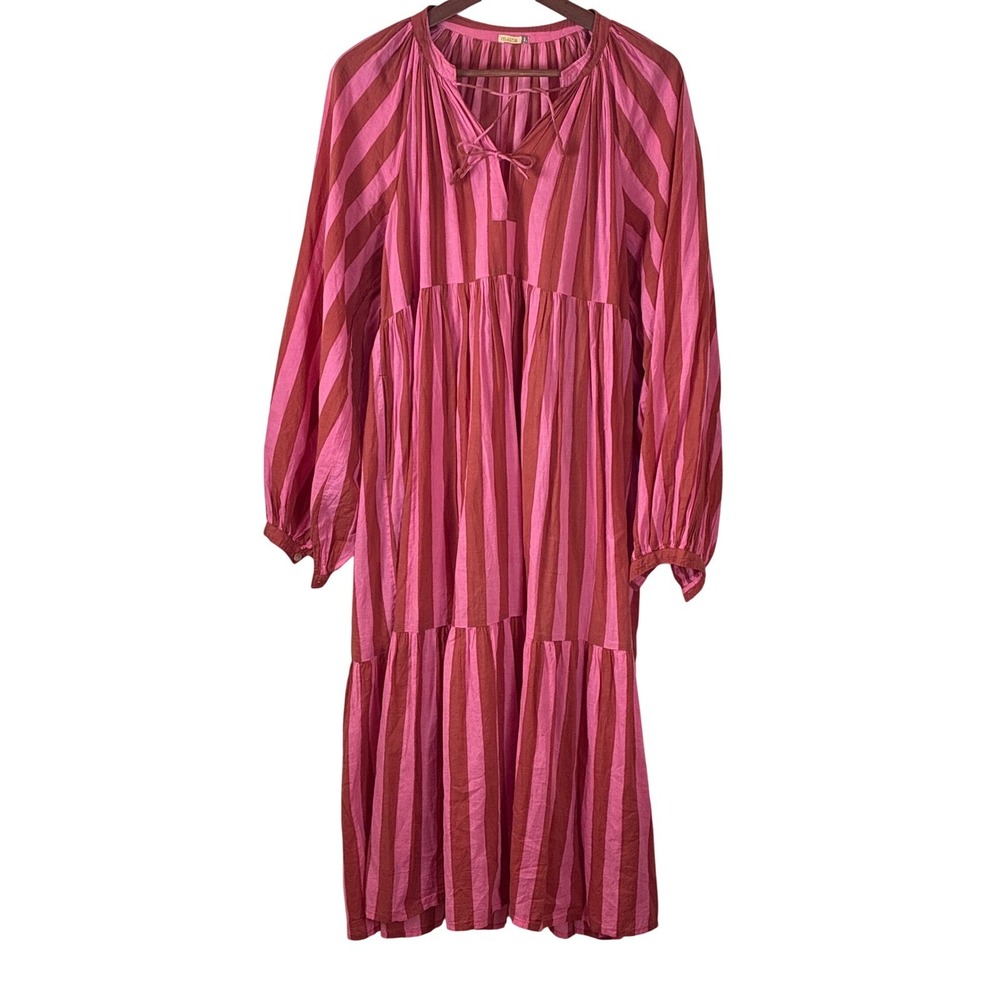Matta Midi Dress Tiered Pink Red Stripe Long Sleeve Boho Vacation Resort Large